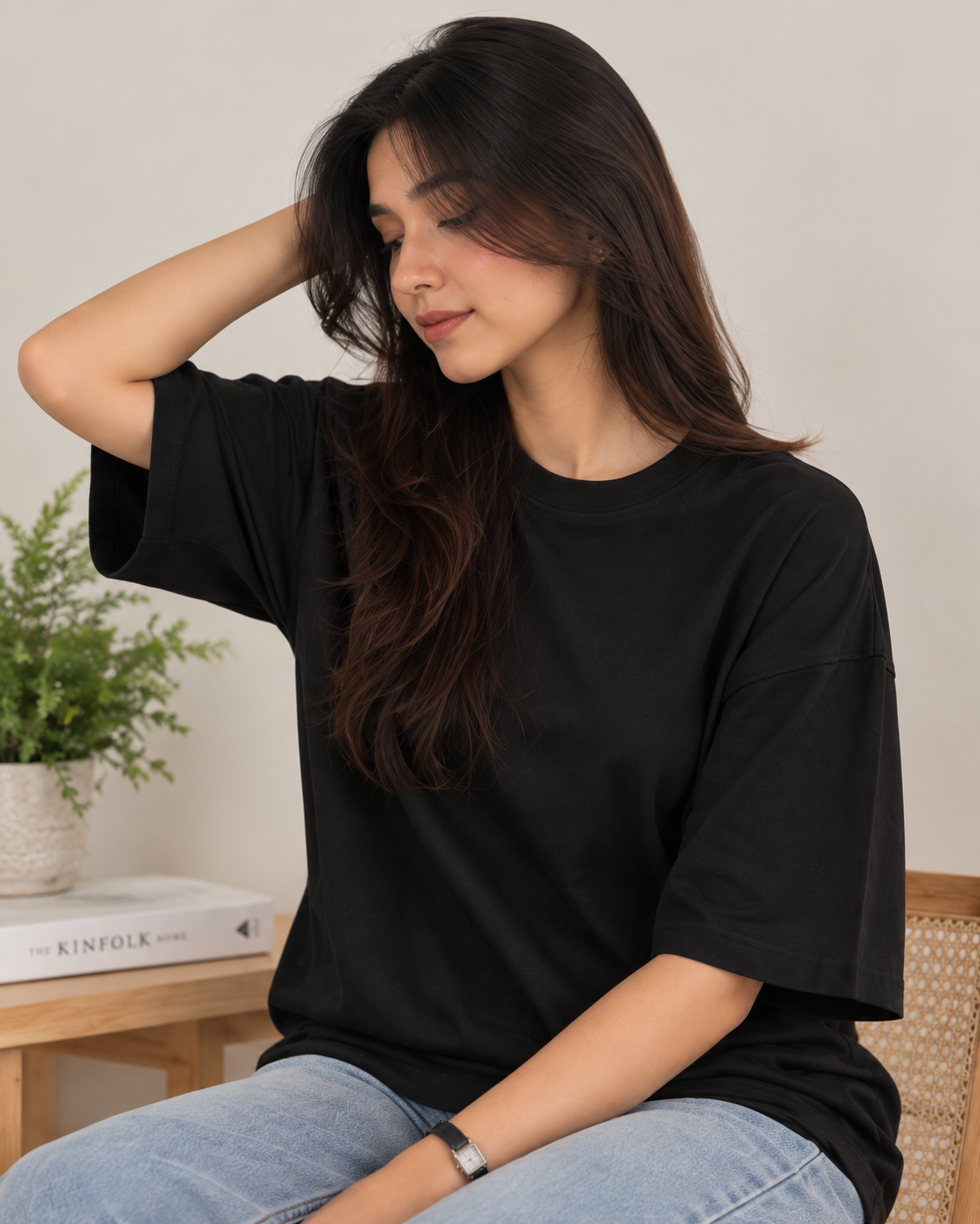 DROP SHOULDER ROUND NECK TEE – BLACK – (Half Sleeves)
