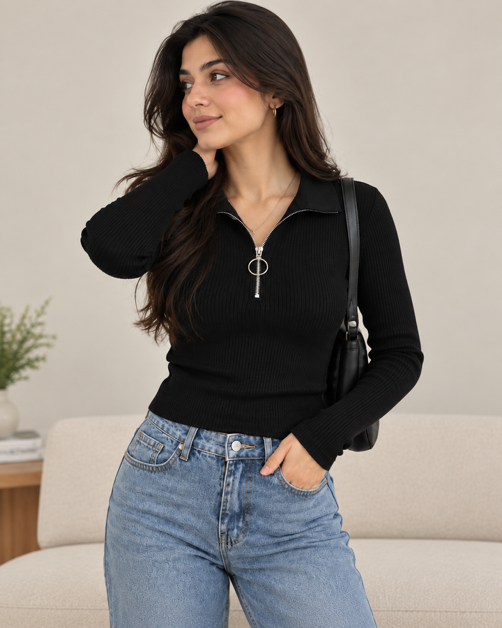 Mocked Neck black Zipper polo | Full Sleeves