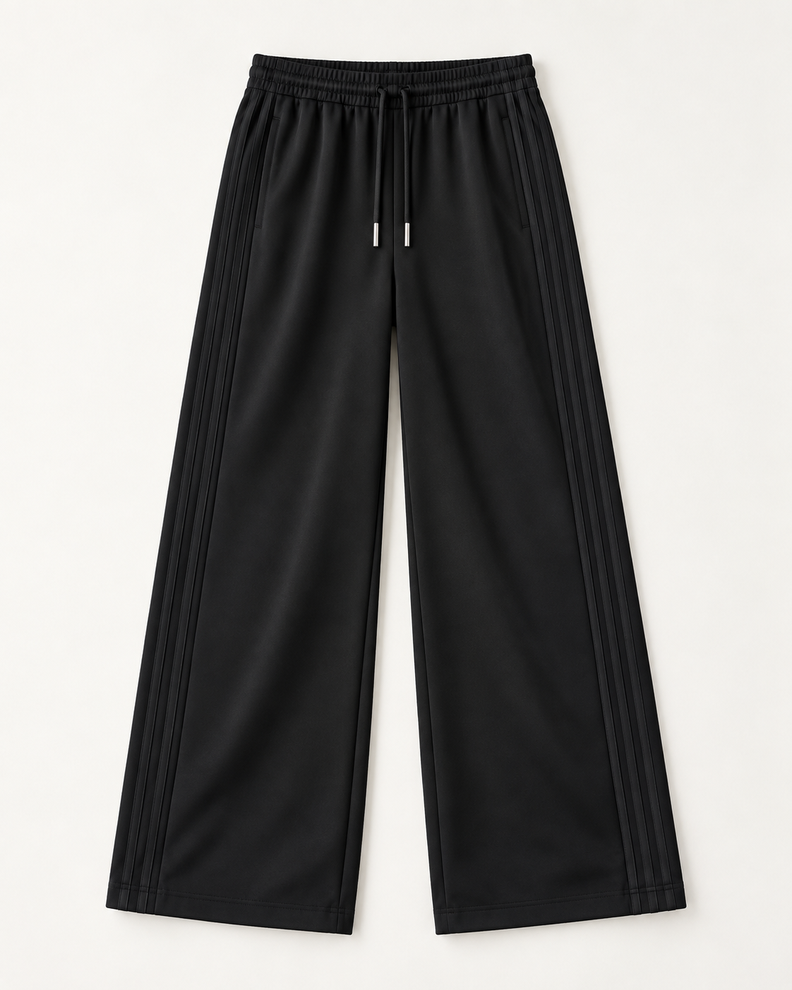 Black high-waisted side-seam wide-leg trousers — flatlay