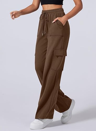 Women's Cargo High Waisted Wide Leg Athletic Trouser | Front Pocket Cargo | Brown