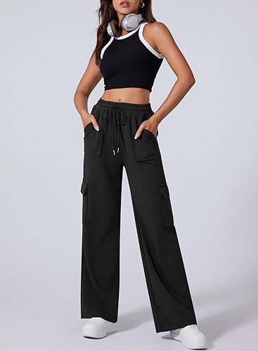 Women's Cargo High Waisted Wide Leg Athletic Trouser | Front Pocket Cargo | Black