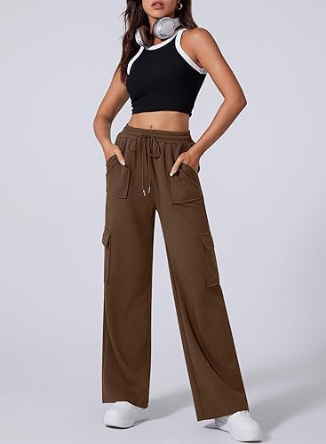 Women's Cargo High Waisted Wide Leg Athletic Trouser | Front Pocket Cargo | Brown