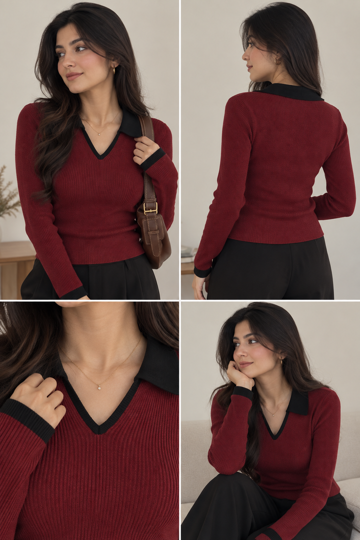 Casual V-Neck Collar Maroon Top, Slim Fit