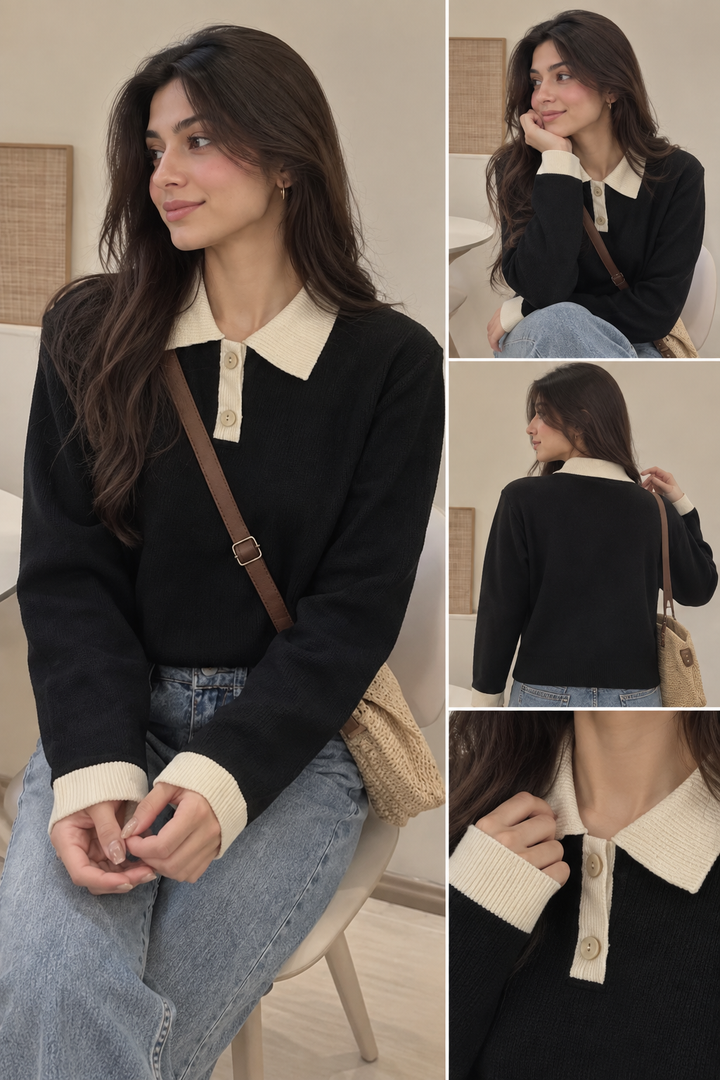 Casual Top- Black Polo, Slim Fit