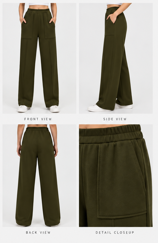 High Waisted Wide Leg Athletic Trouser | Upper Front Pocket Cargo | Khaki Green