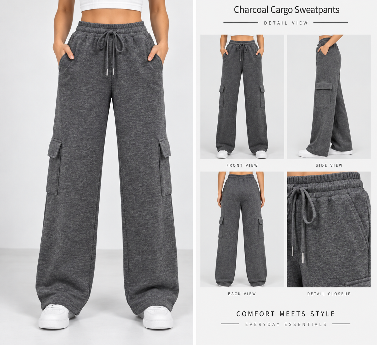 HIGH WAISTED WIDELEG CARGO TROUSER FOR WOMEN – CHARCOAL (Minor imperfection)