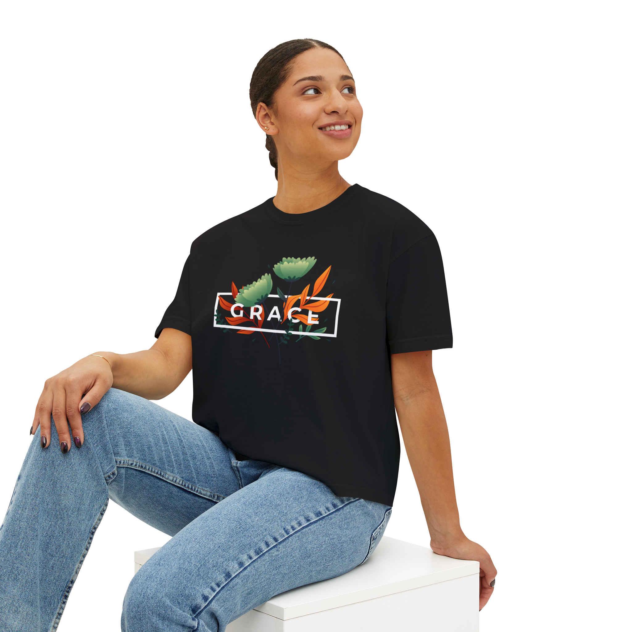PRINTED DROP SHOULDER ROUND NECK TEE – BLACK – (Half Sleeves)