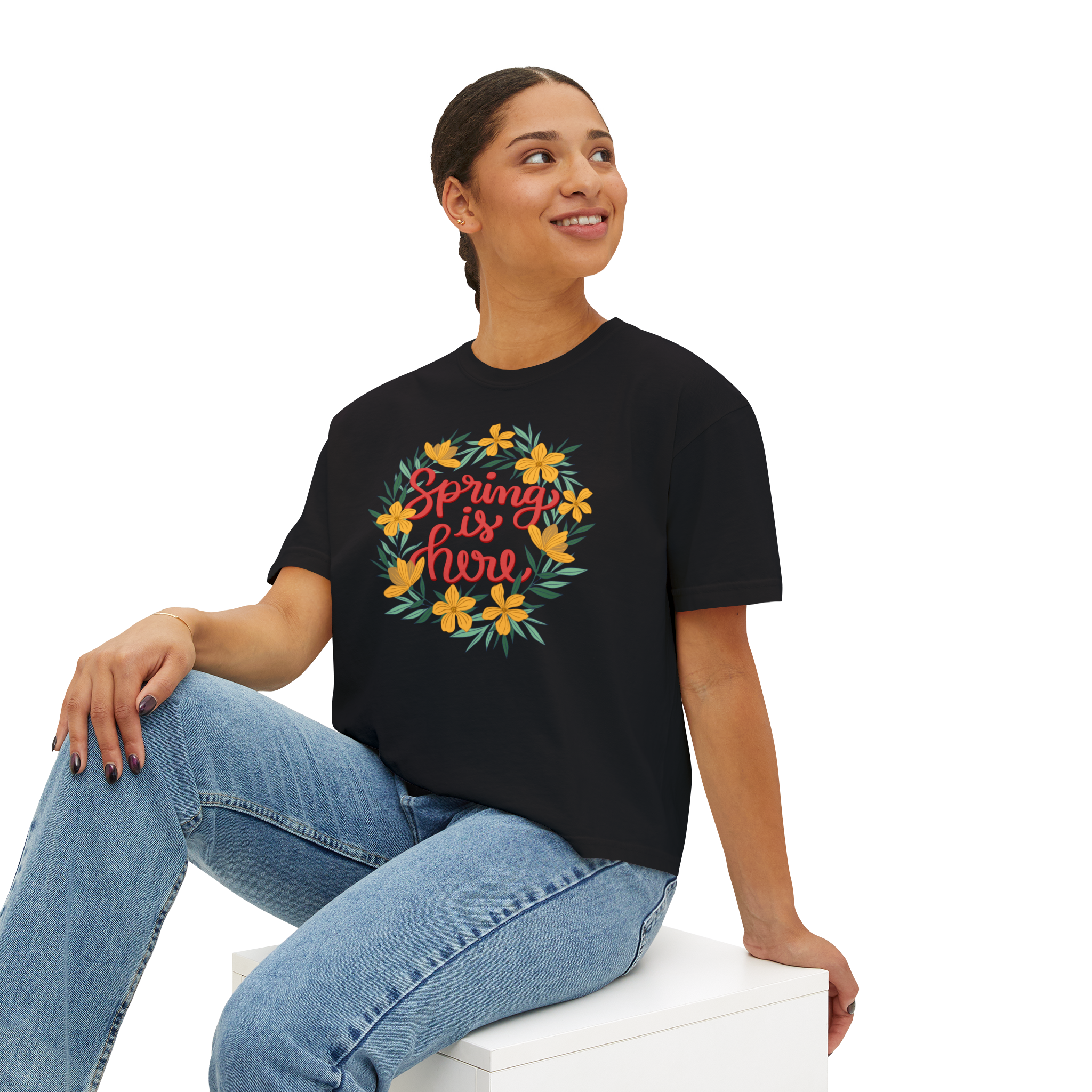 PRINTED DROP SHOULDER ROUND NECK TEE – BLACK – (Half Sleeves)