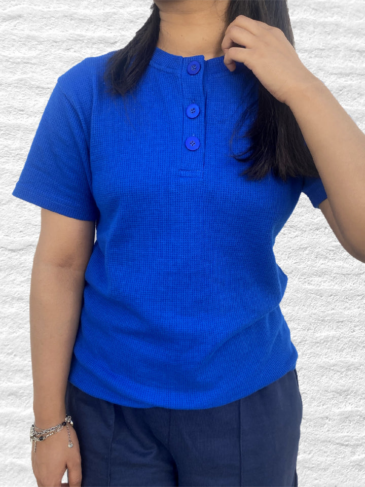 CW Button Front Rib Knit Tee – Royal Blue – (Half Sleeves)