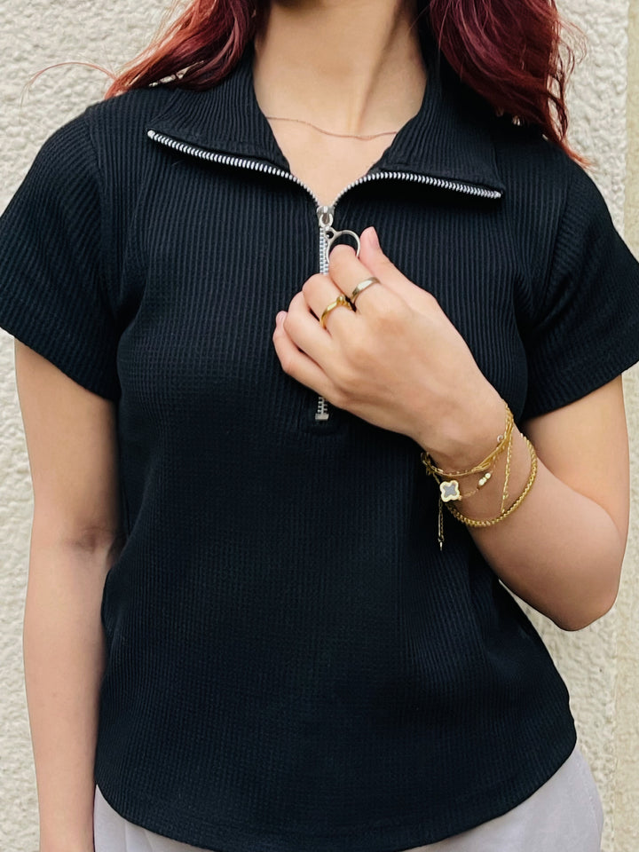Mocked Neck black Zipper polo | Half Sleeves
