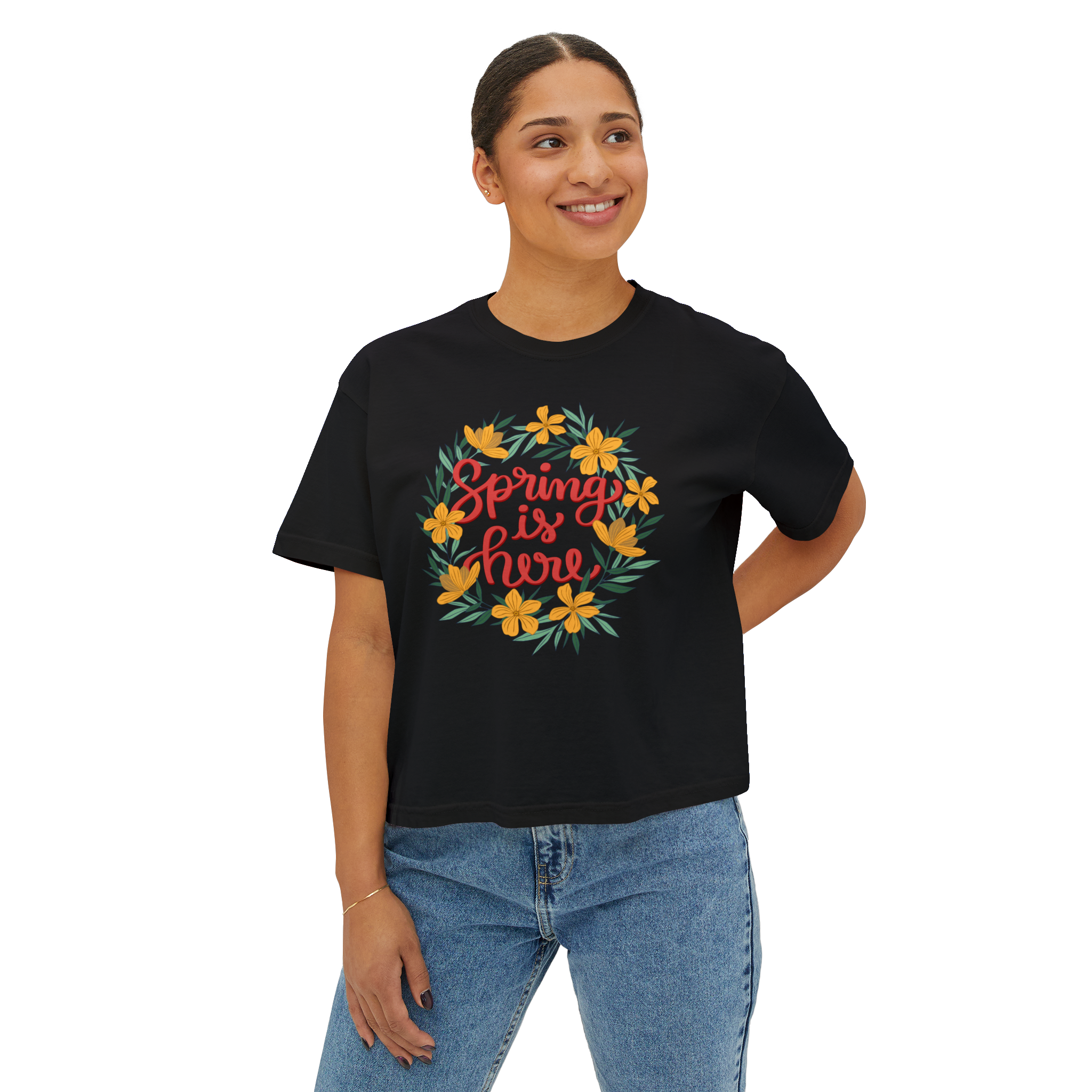 PRINTED DROP SHOULDER ROUND NECK TEE – BLACK – (Half Sleeves)