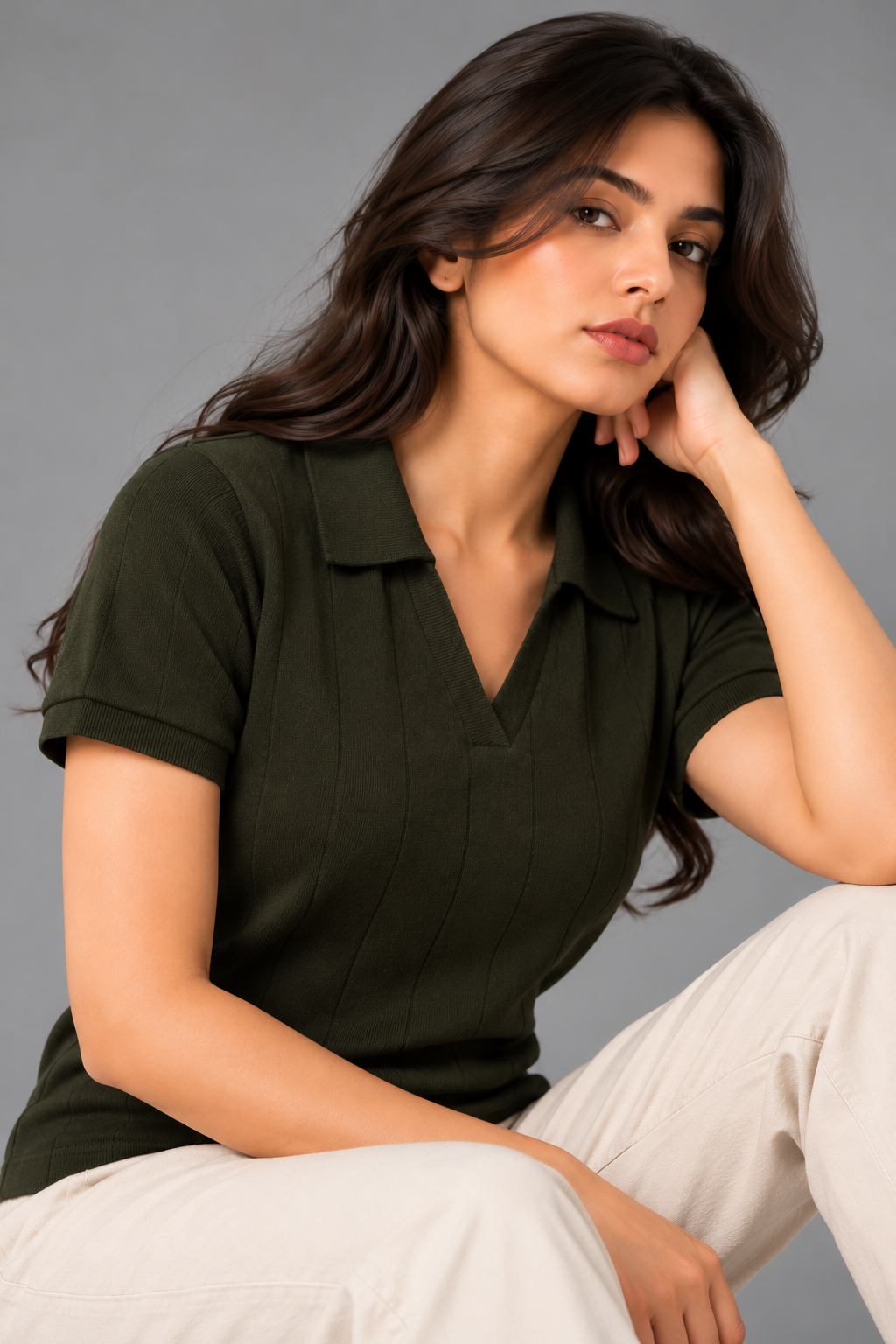 Drop-Needle Knit Polo Top-Olive Green
