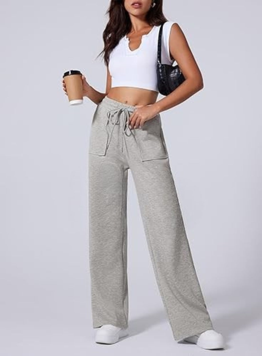Women's High Waisted Wide Leg Athletic Casual Trouser | GREY