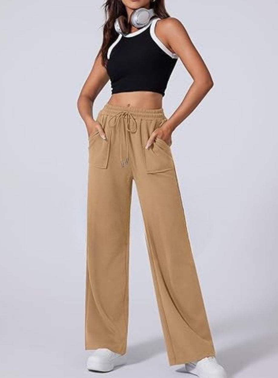 Women's High Waisted Wide Leg Athletic Casual Trouser | BEIGE