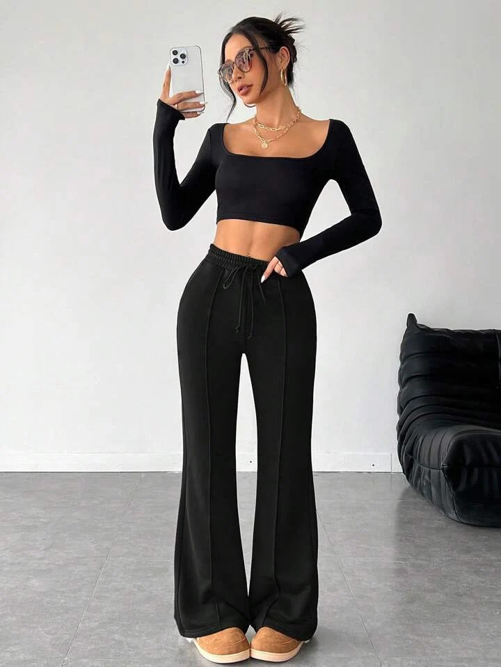 High Waisted Black Front-Seam Flare Trouser For Women