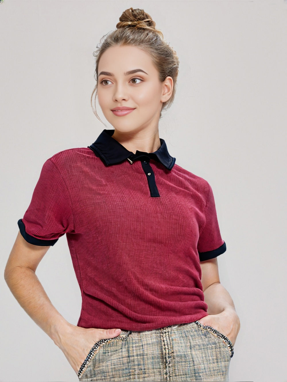 Casual Maroon Polo Contrast Black Collar, Slim Fit, Half Sleeves