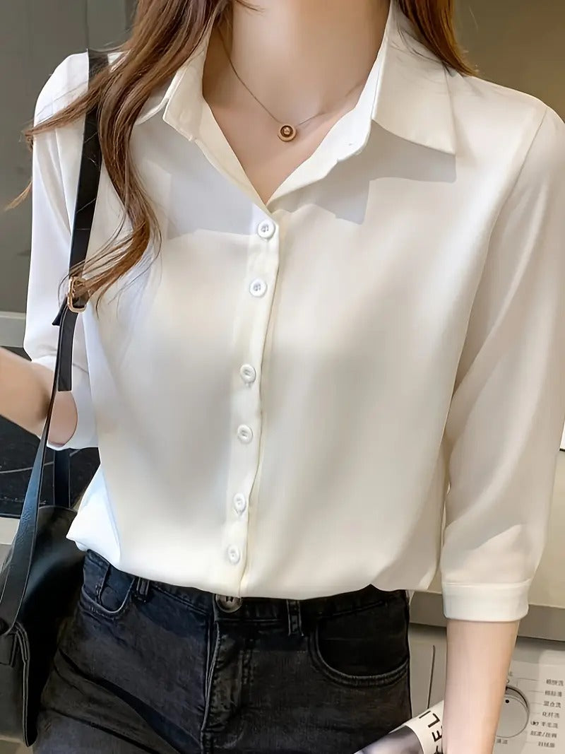 Polo Collar Shirt - Solid Color, Loose Fit, Perfect for Spring/Summer/Fall, Casual Chic Top