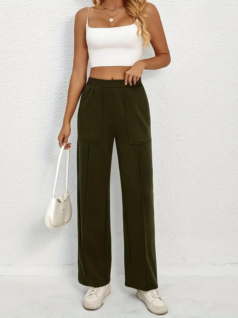 Women'S High-Waisted Wide-Leg Pants - Khaki Green, Casual & Versatile, Comfortable Loose Fit