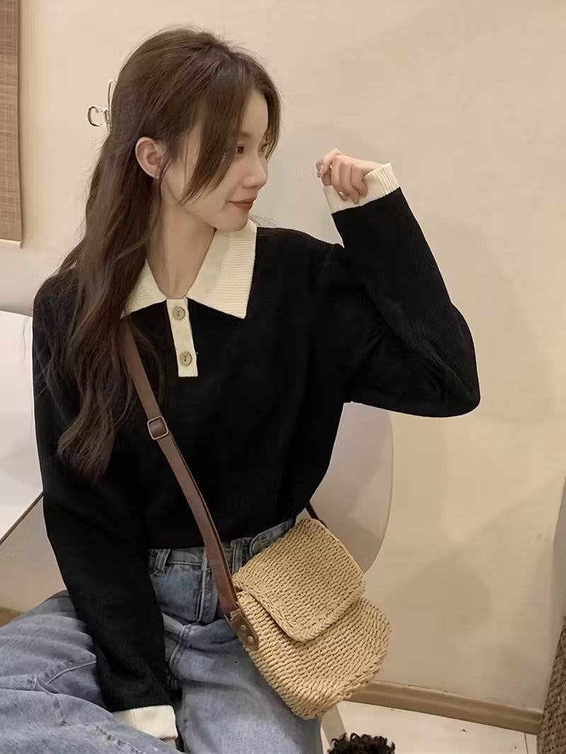 Casual Polo Contrast Black Knit Top, Slim Fit (Black Polo)