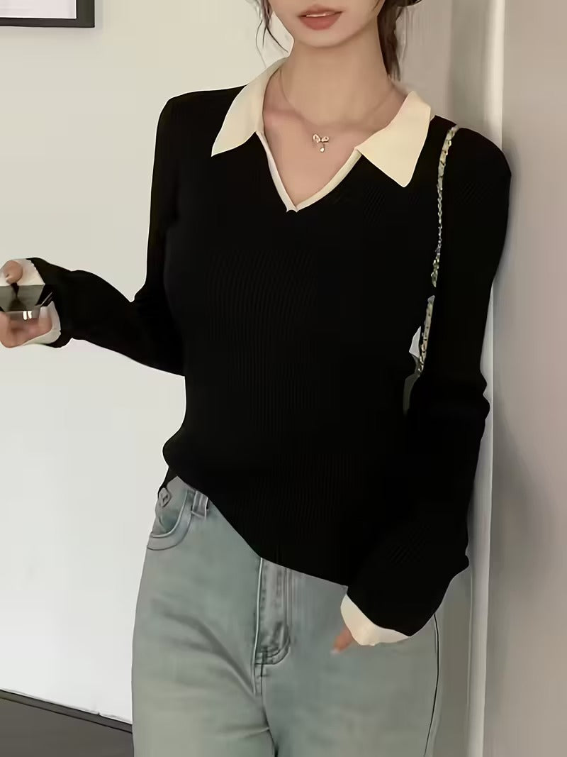 Casual V-Neck Collar Beige Knit Top, Slim Fit (Black)