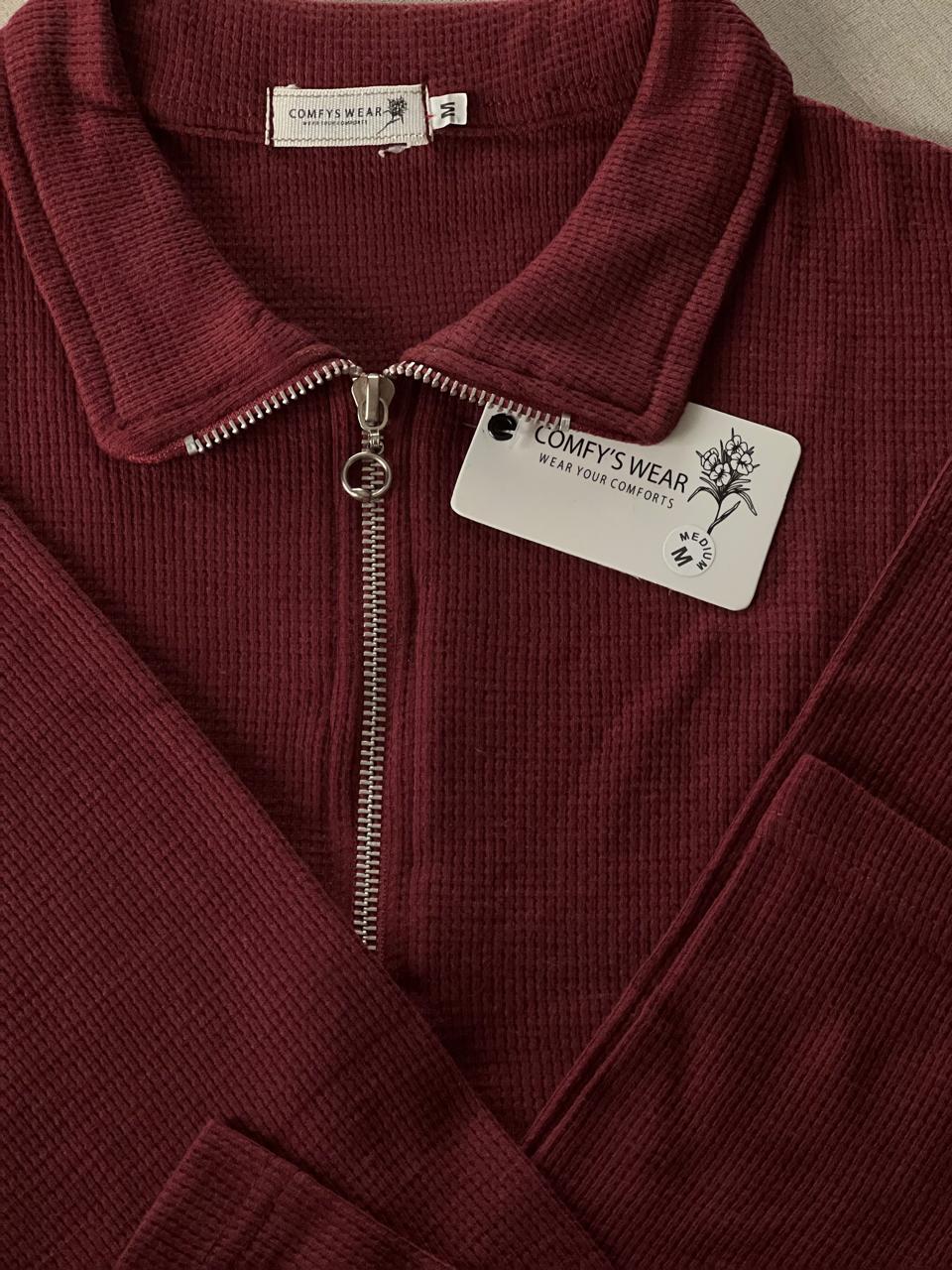 Mocked Neck Maroon Zipper polo | Full Sleeves