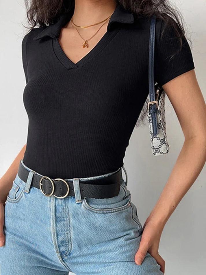 Down Collar Ribbed Knit Polo Tee – BLACK