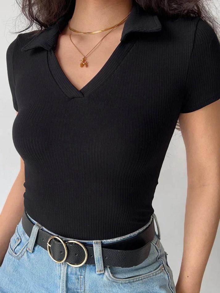 Down Collar Ribbed Knit Polo Tee – BLACK
