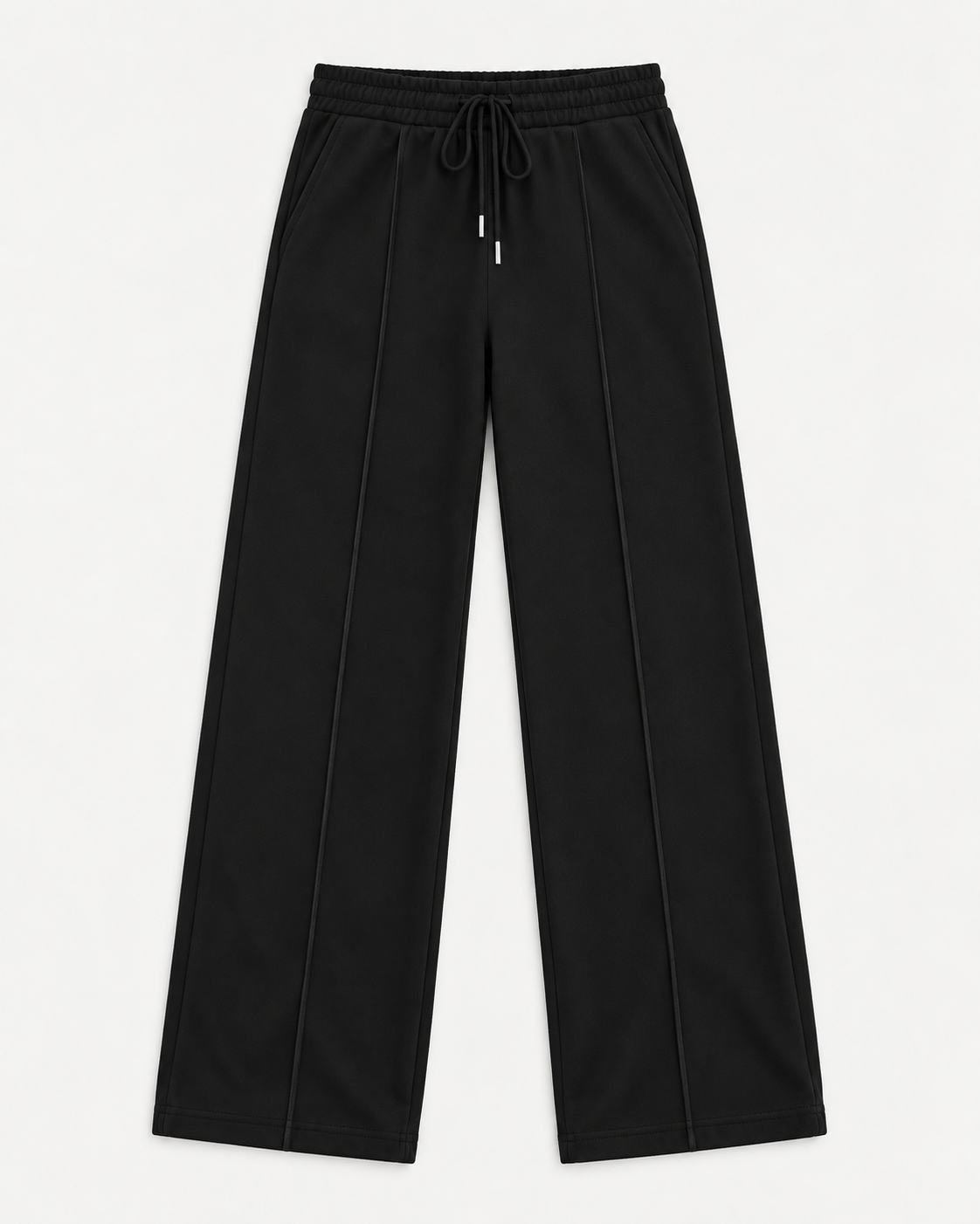 Black high-waisted straight-line wide-leg trousers laid flat