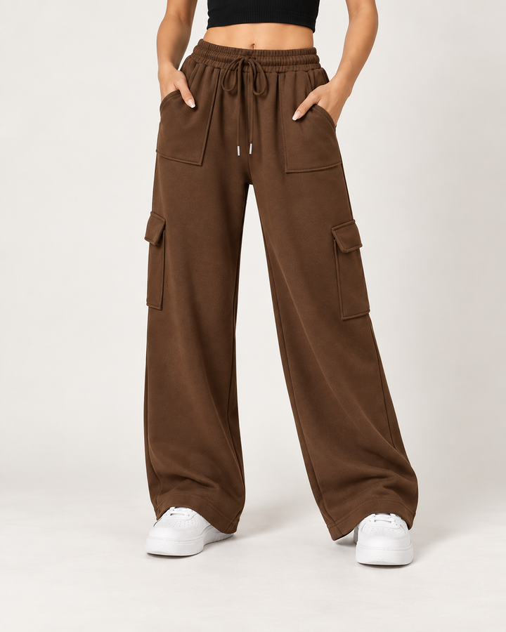 High Waisted Wide Leg Athletic Trouser | Front Pocket Cargo | Brown