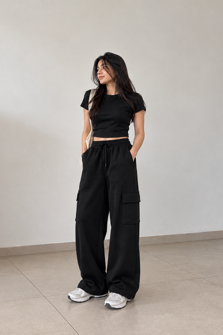 HIGH WAISTED BLACK CARGO Trouser