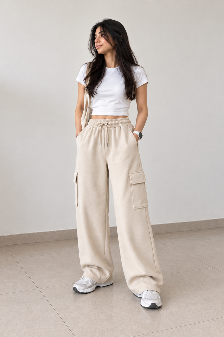 HIGH WAISTED WIDELEG CARGO TROUSER FOR WOMEN – BEIGE