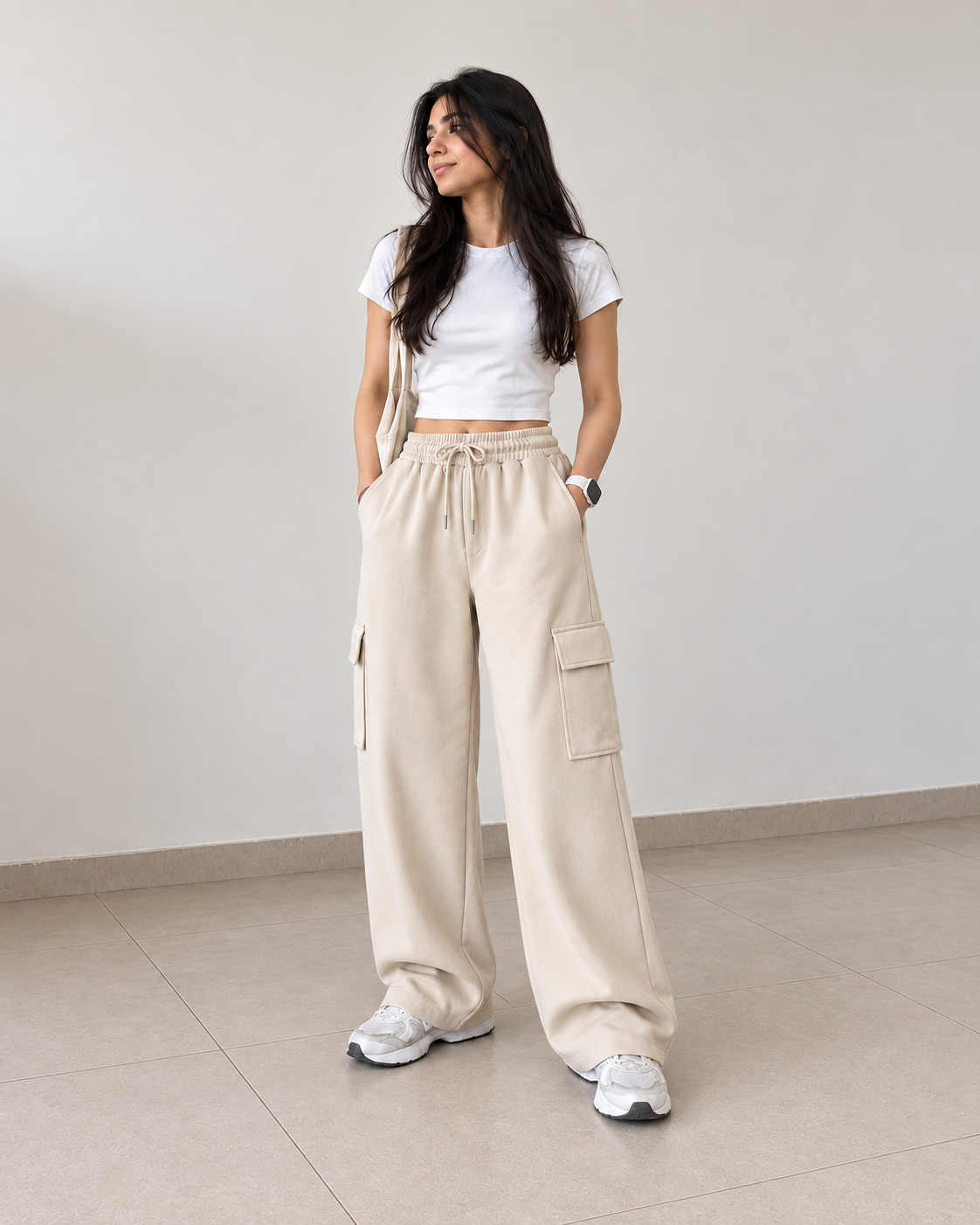 HIGH WAISTED WIDELEG CARGO TROUSER FOR WOMEN – BEIGE