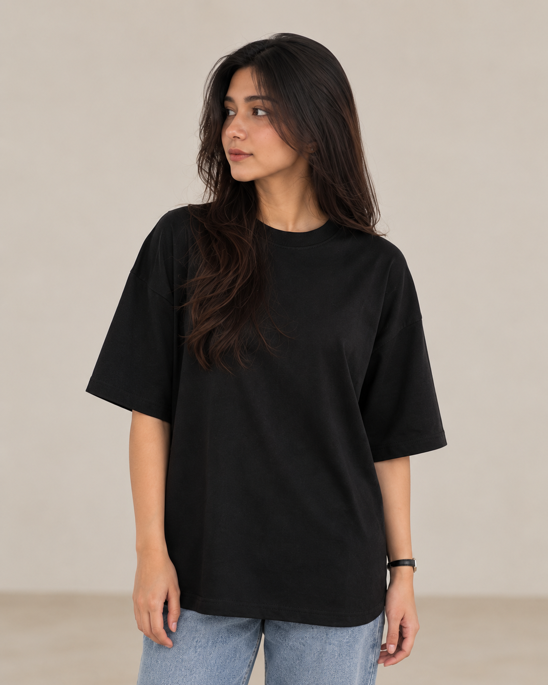 DROP SHOULDER ROUND NECK TEE – BLACK – (Half Sleeves)