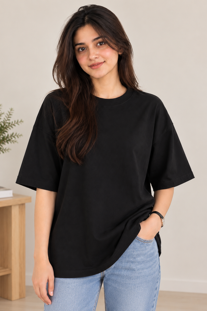 DROP SHOULDER ROUND NECK TEE – BLACK – (Half Sleeves)