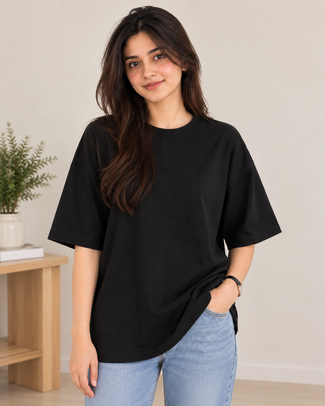 DROP SHOULDER ROUND NECK TEE – BLACK – (Half Sleeves)