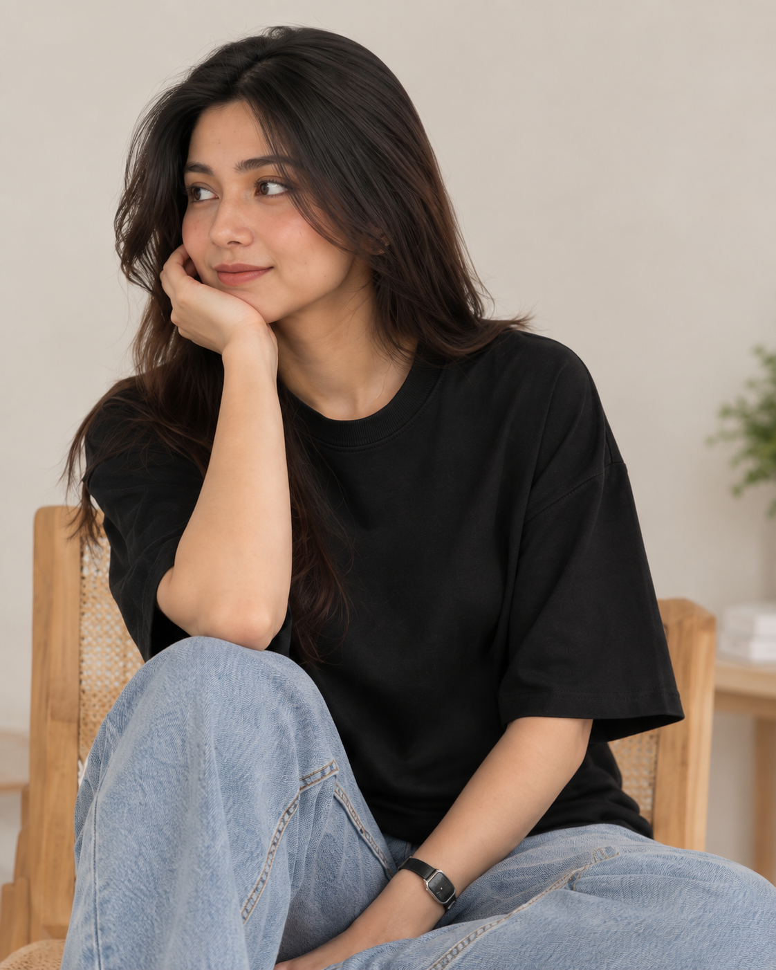 DROP SHOULDER ROUND NECK TEE – BLACK – (Half Sleeves)