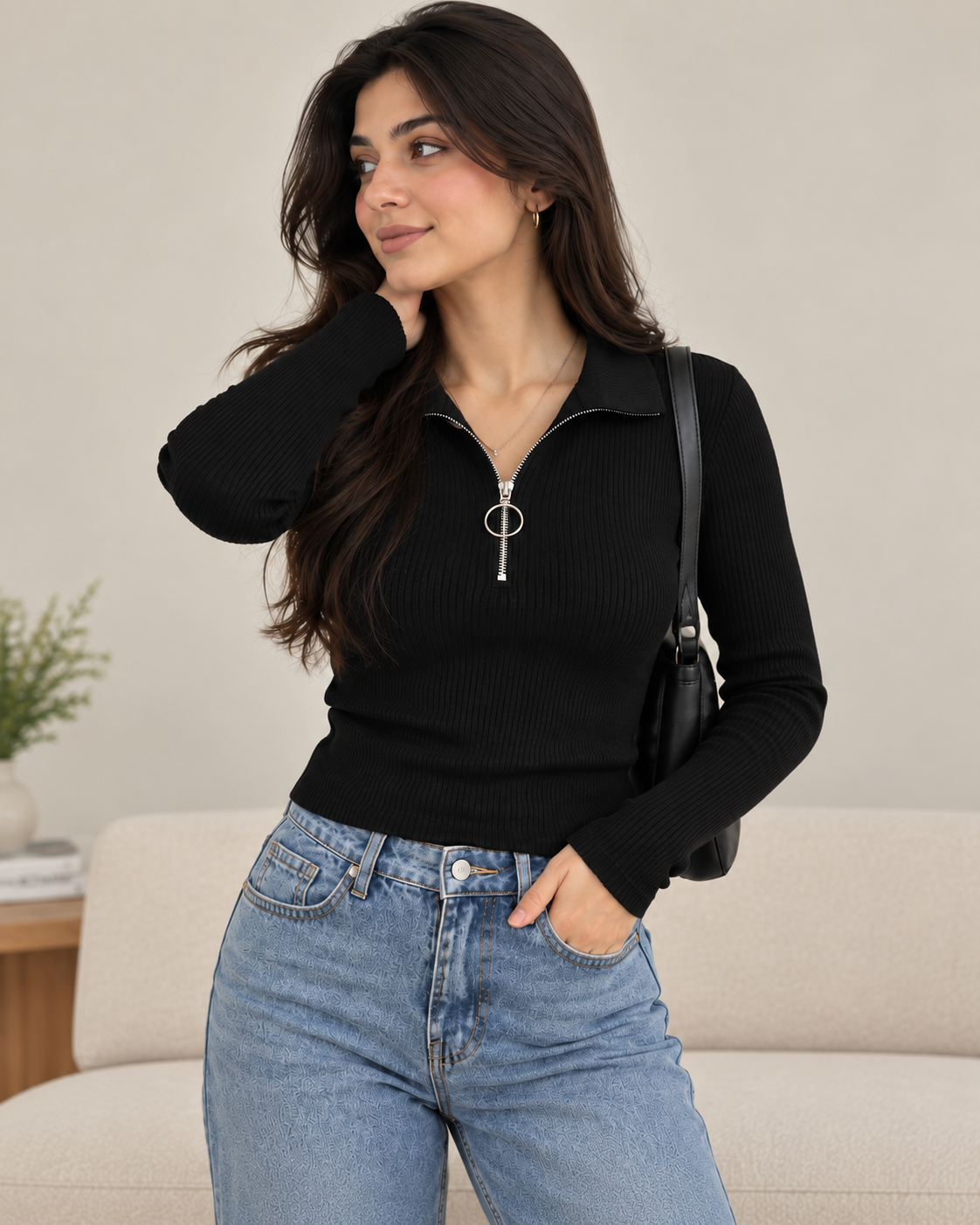 Mocked Neck black Zipper polo | Full Sleeves