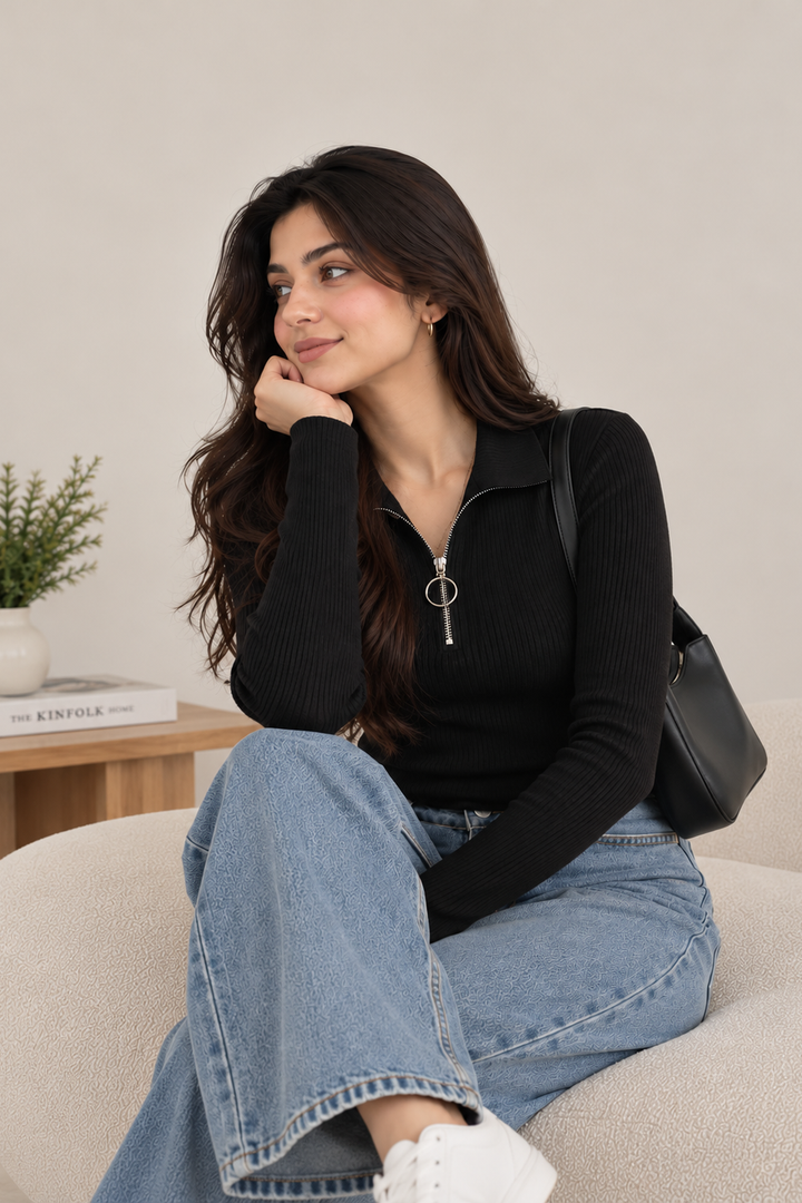 Mocked Neck black Zipper polo | Full Sleeves