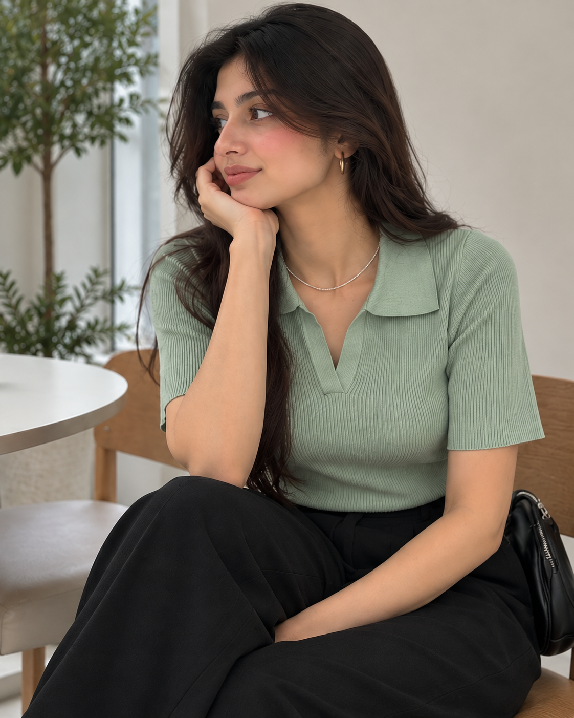 Ribbed Knit-light green Polo Top
