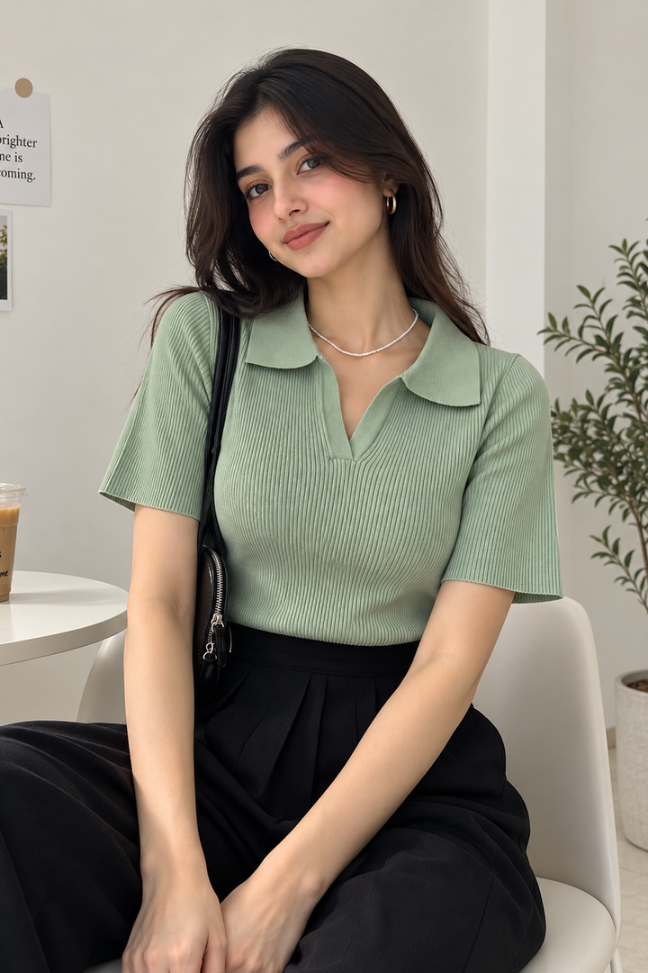 Ribbed Knit-light green Polo Top