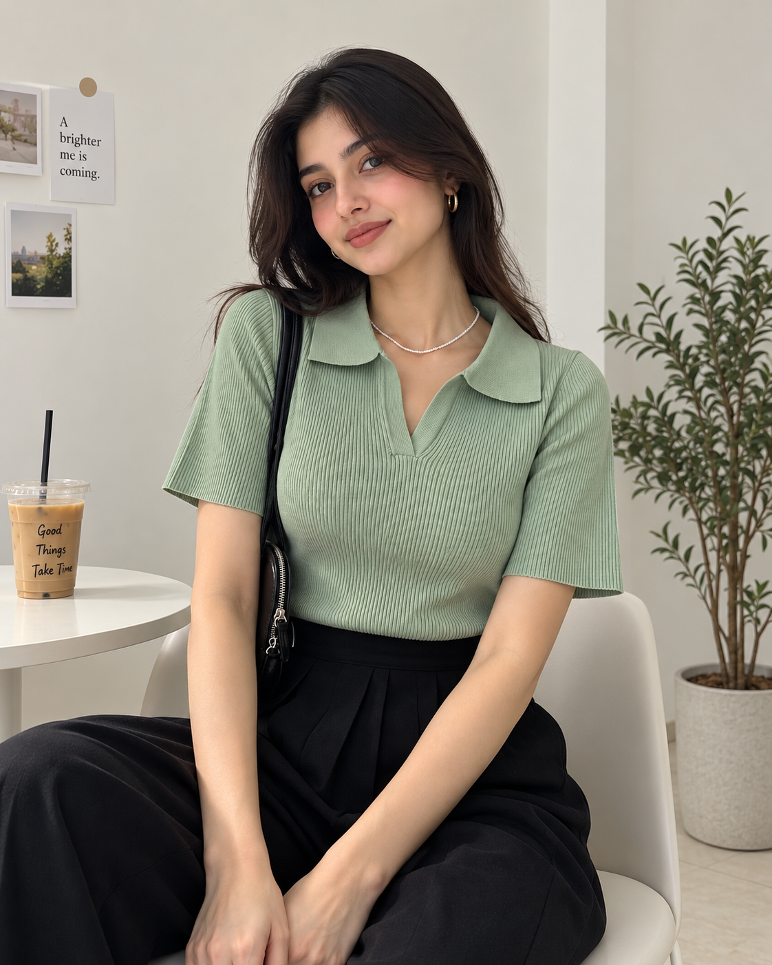 Ribbed Knit-light green Polo Top