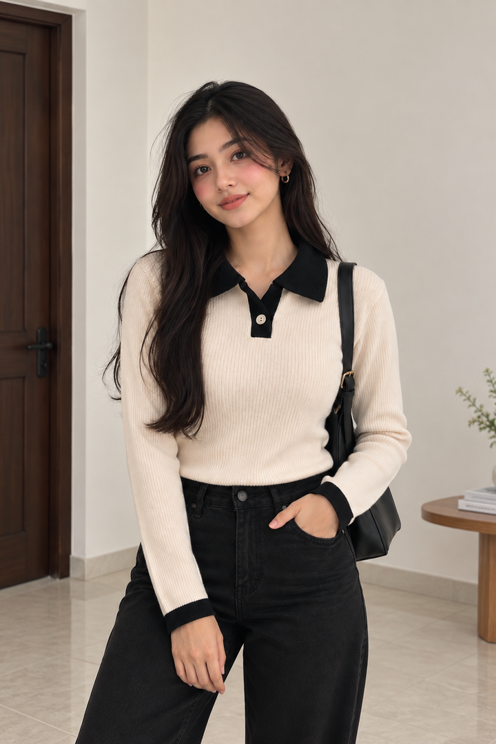 Casual Top- Beige Polo, Slim Fit