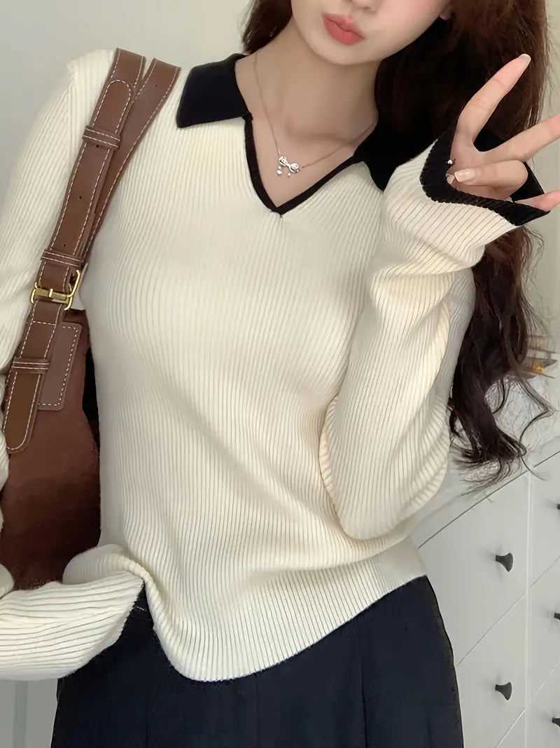 Casual V-Neck Collar Block Knit Top, Slim Fit
