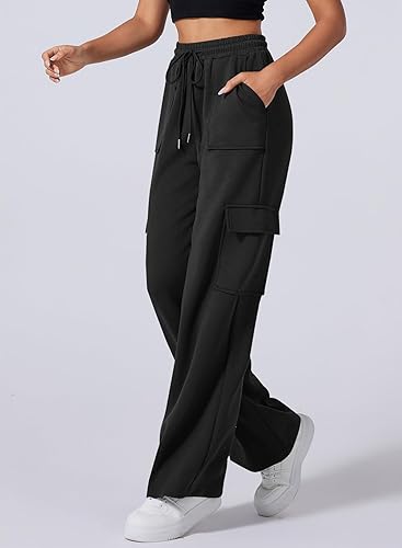 Women's Cargo High Waisted Wide Leg Athletic Trouser | Front Pocket Cargo | Black