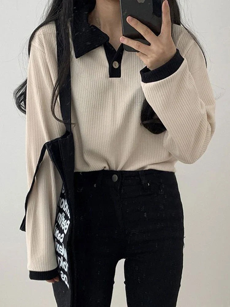 Casual Polo Contrast Black Knit Top, Slim Fit