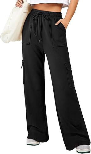 Women's Cargo High Waisted Wide Leg Athletic Trouser | Front Pocket Cargo | Black