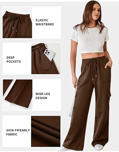 Women's Cargo High Waisted Wide Leg Athletic Trouser | Front Pocket Cargo | Brown