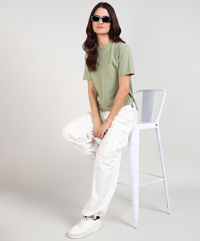Women Relaxed Fit Side Slit Cotton Short Sleeve T-Shirt