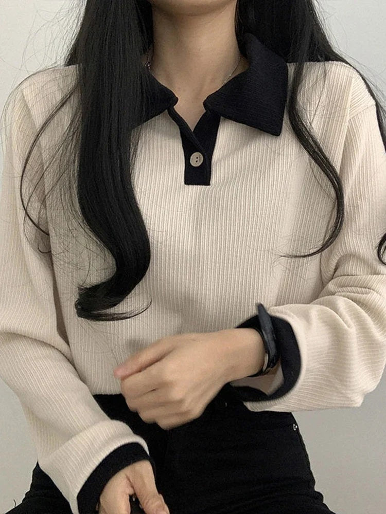 Casual Polo Contrast Black Knit Top, Slim Fit