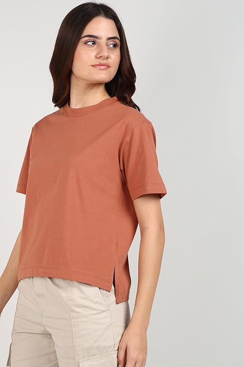 Women Relaxed Fit Side Slit Cotton Short Sleeve T-Shirt